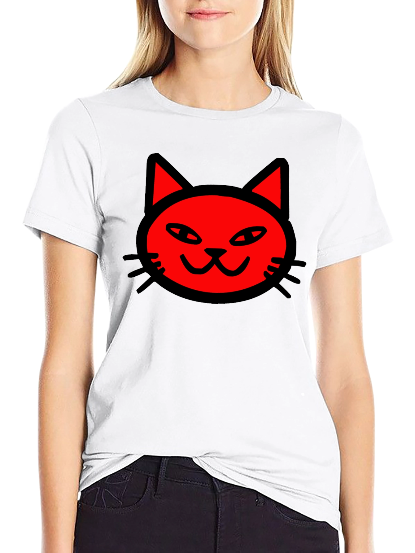 Red Cat Graphic Print Black T-Shirt