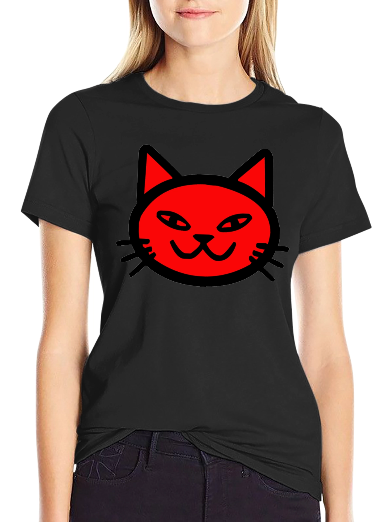 Red Cat Graphic Print Black T-Shirt