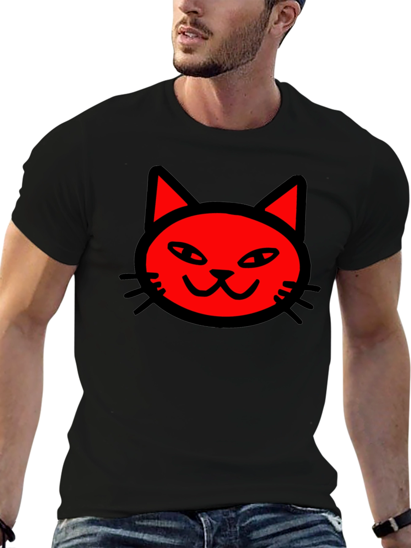 Red Cat Graphic Print Black T-Shirt