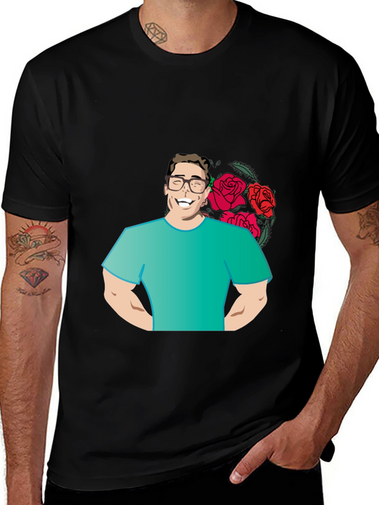 Cartoon Man with Roses Graphic T-Shirt