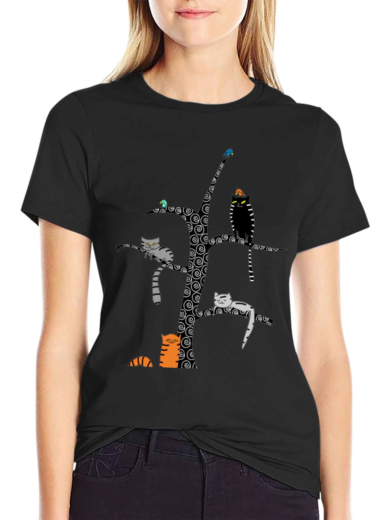 Whimsical Cat Tree Graphic Tee - Unisex Black Cotton