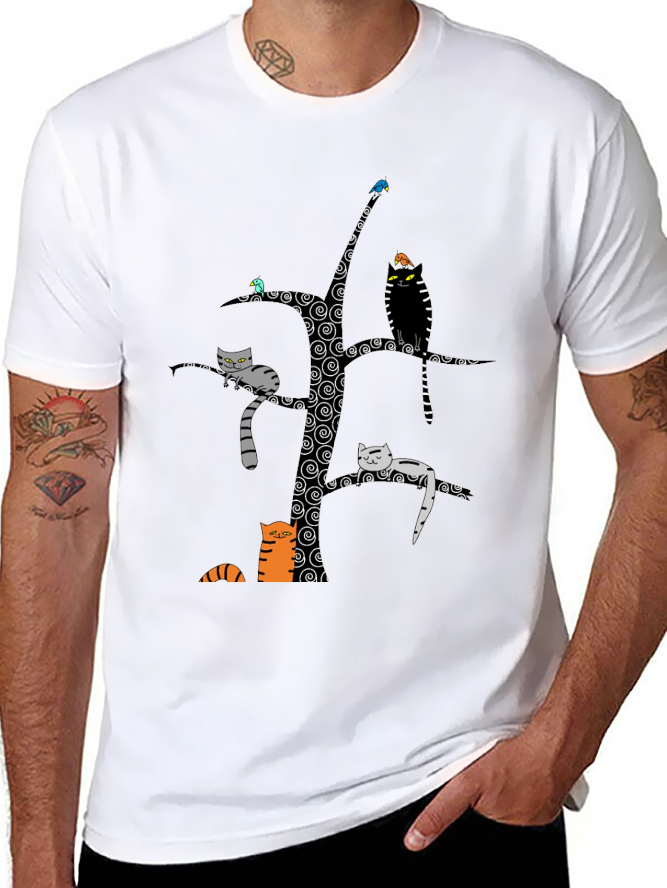 Whimsical Cat Tree Graphic Tee - Unisex Black Cotton