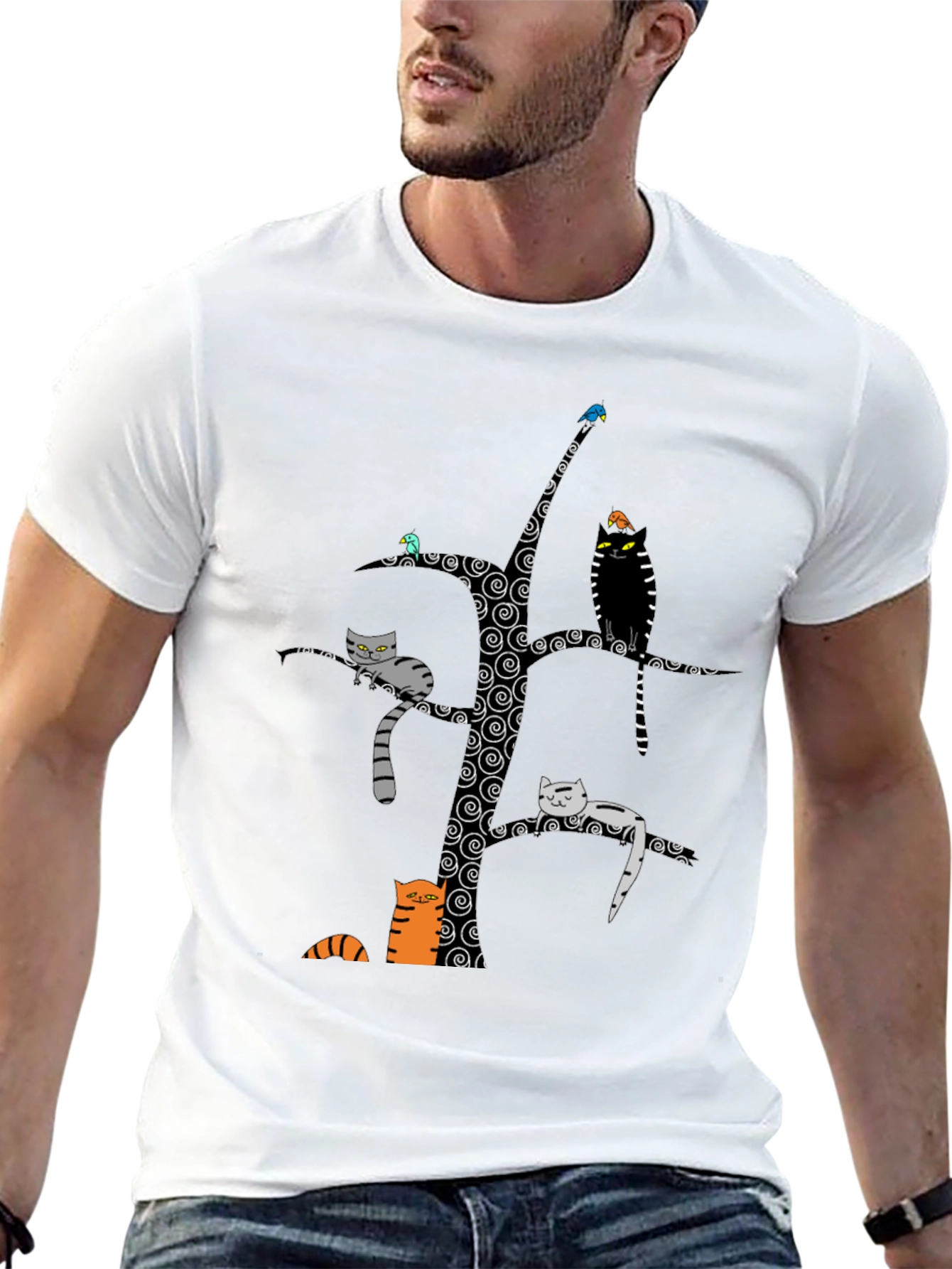 Whimsical Cat Tree Graphic Tee - Unisex Black Cotton
