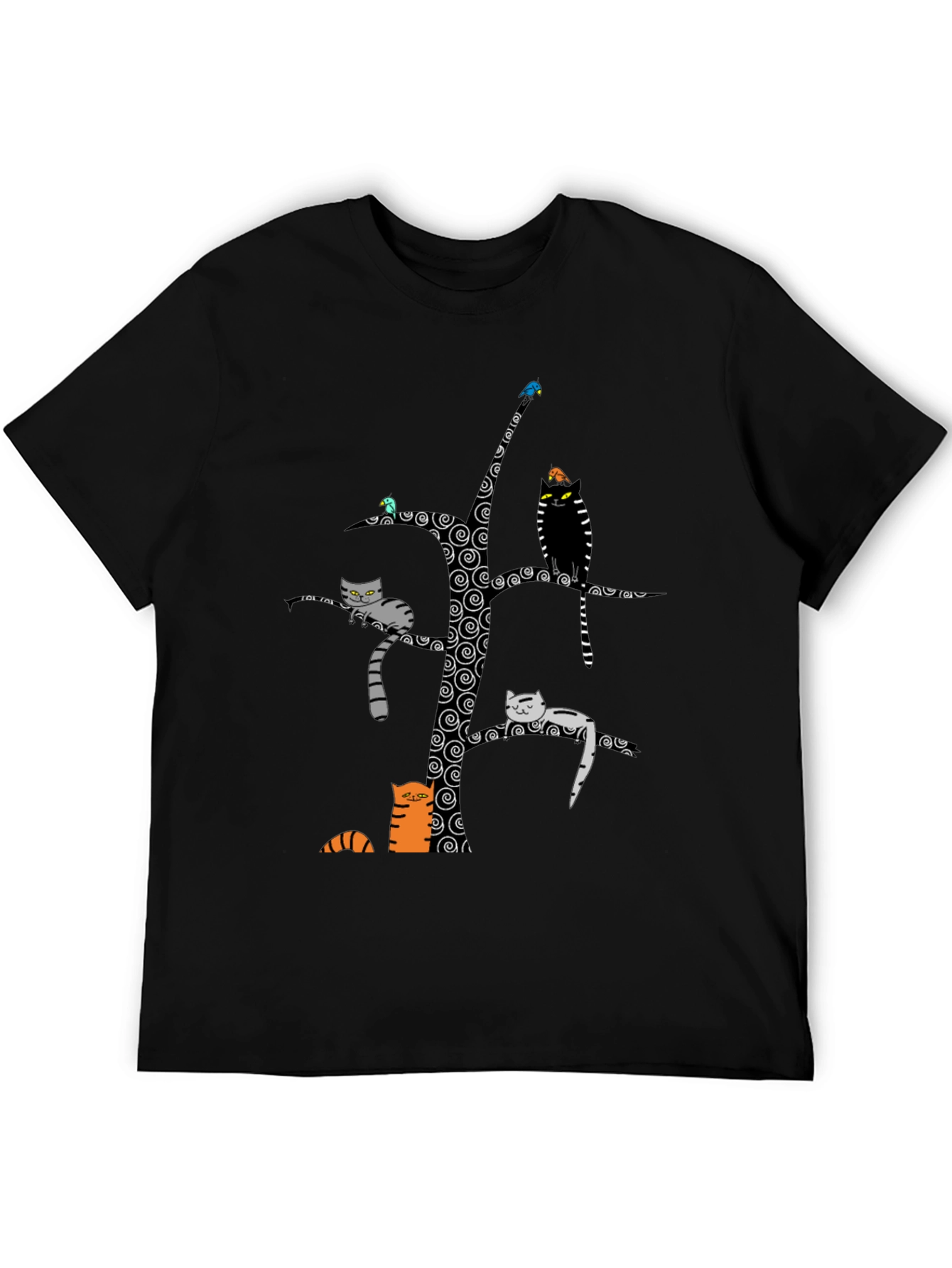 Whimsical Cat Tree Graphic Tee - Unisex Black Cotton