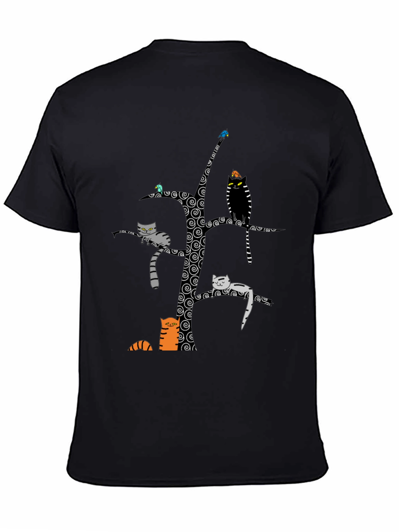Whimsical Cat Tree Graphic Tee - Unisex Black Cotton
