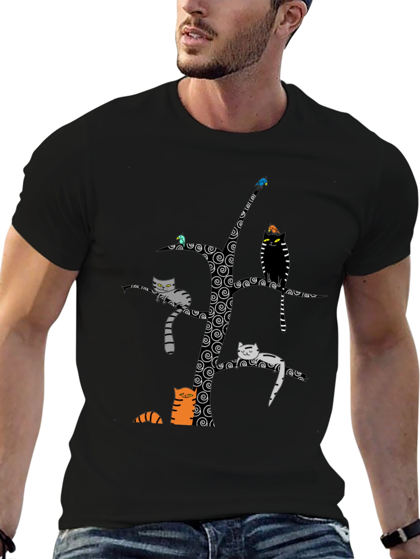 Whimsical Cat Tree Graphic Tee - Unisex Black Cotton