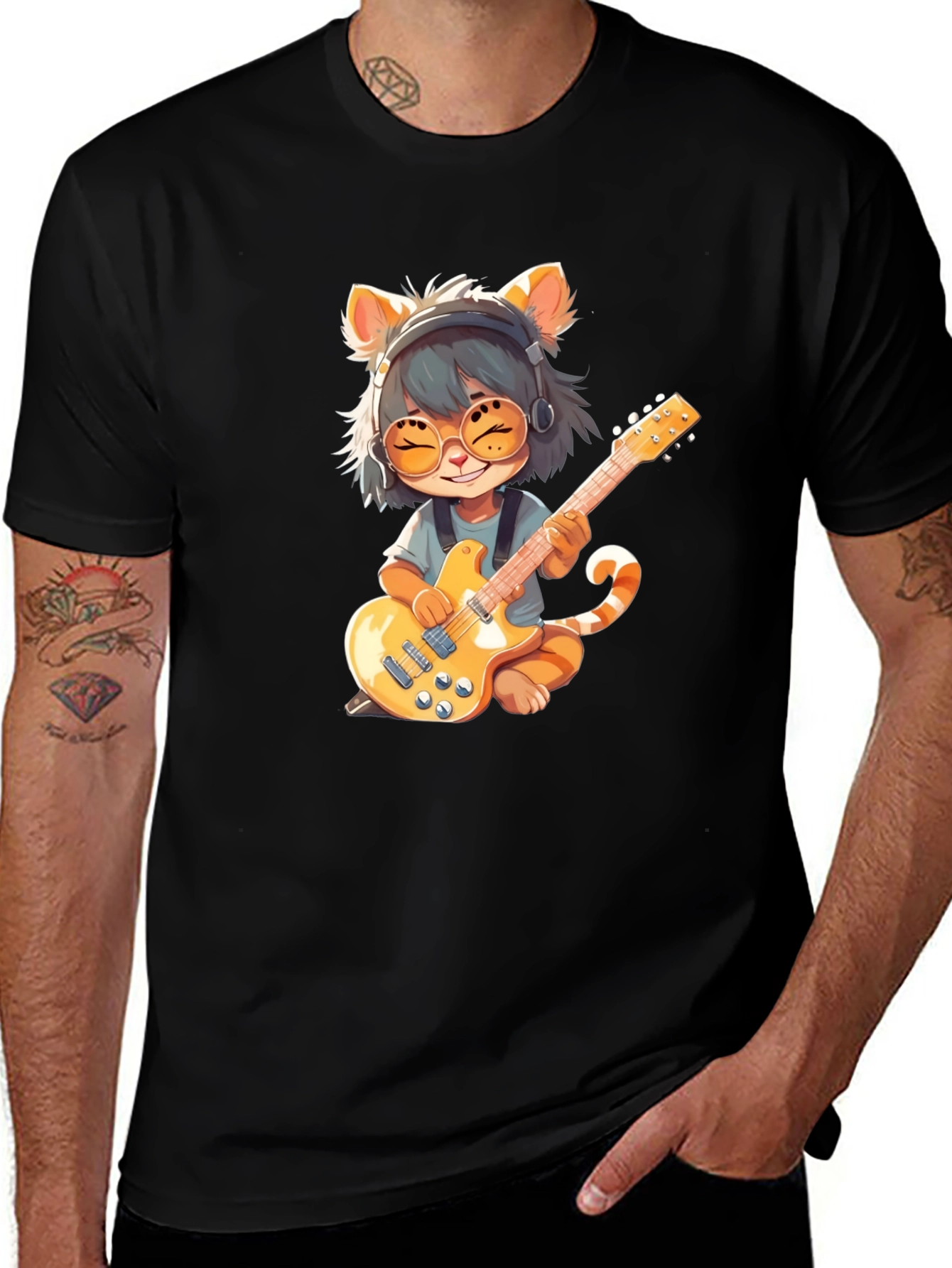 Cat Guitarist Graphic T-Shirt - Rock On!