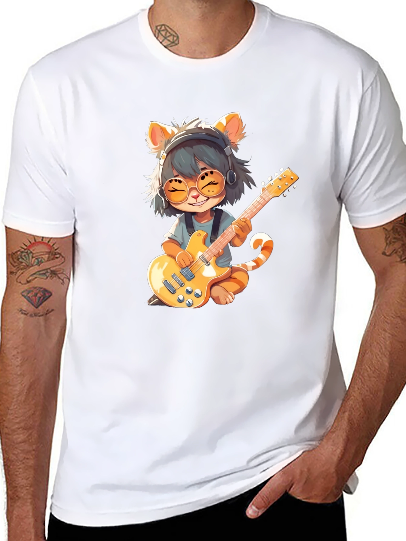 Cat Guitarist Graphic T-Shirt - Rock On!