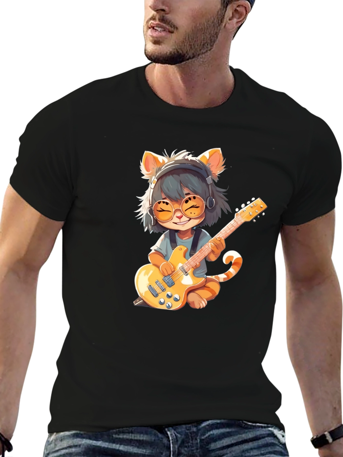 Cat Guitarist Graphic T-Shirt - Rock On!