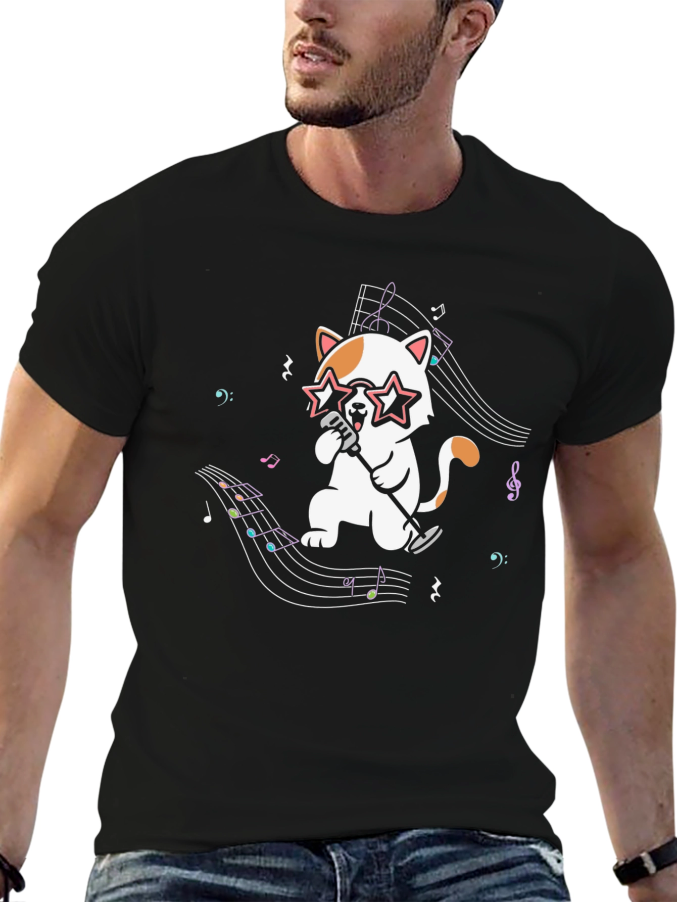 Singing Cat Graphic Tee - Black Cotton Blend