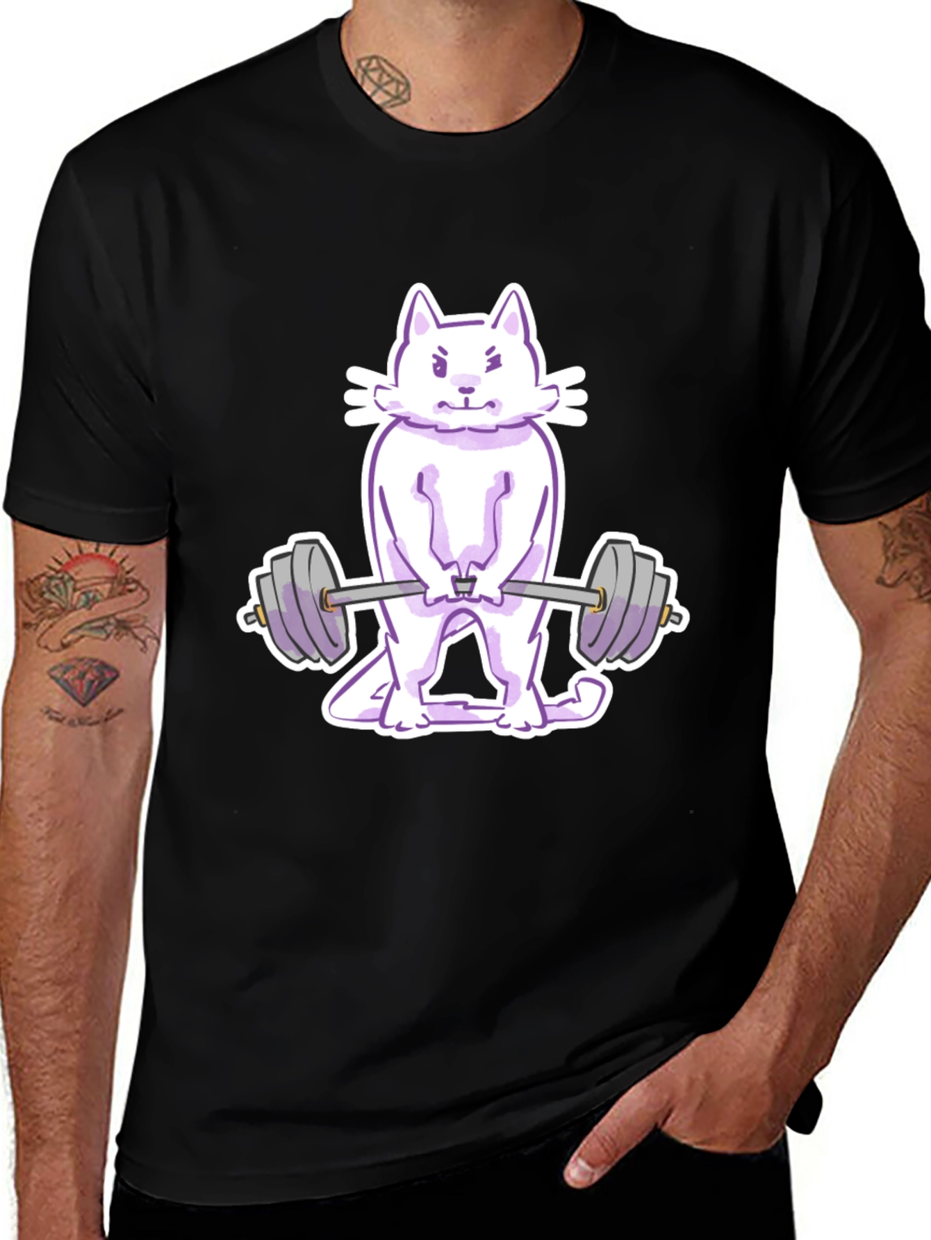 Cat Lifting Weights Graphic Tee - Black