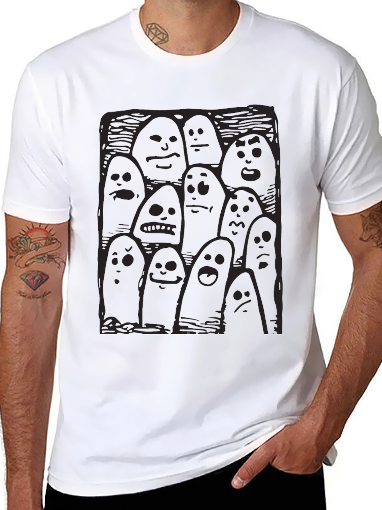 Whimsical Ghost Print Black T-Shirt