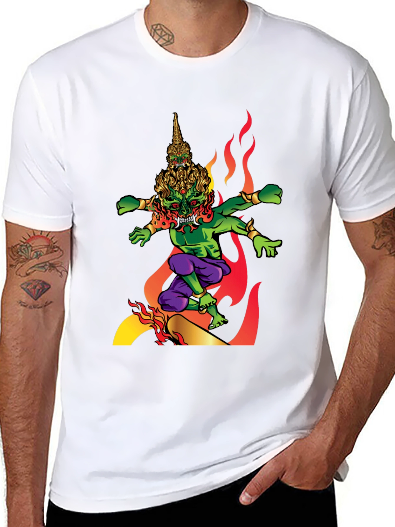 Mens Graphic Tee: Fiery Thai Demon Design