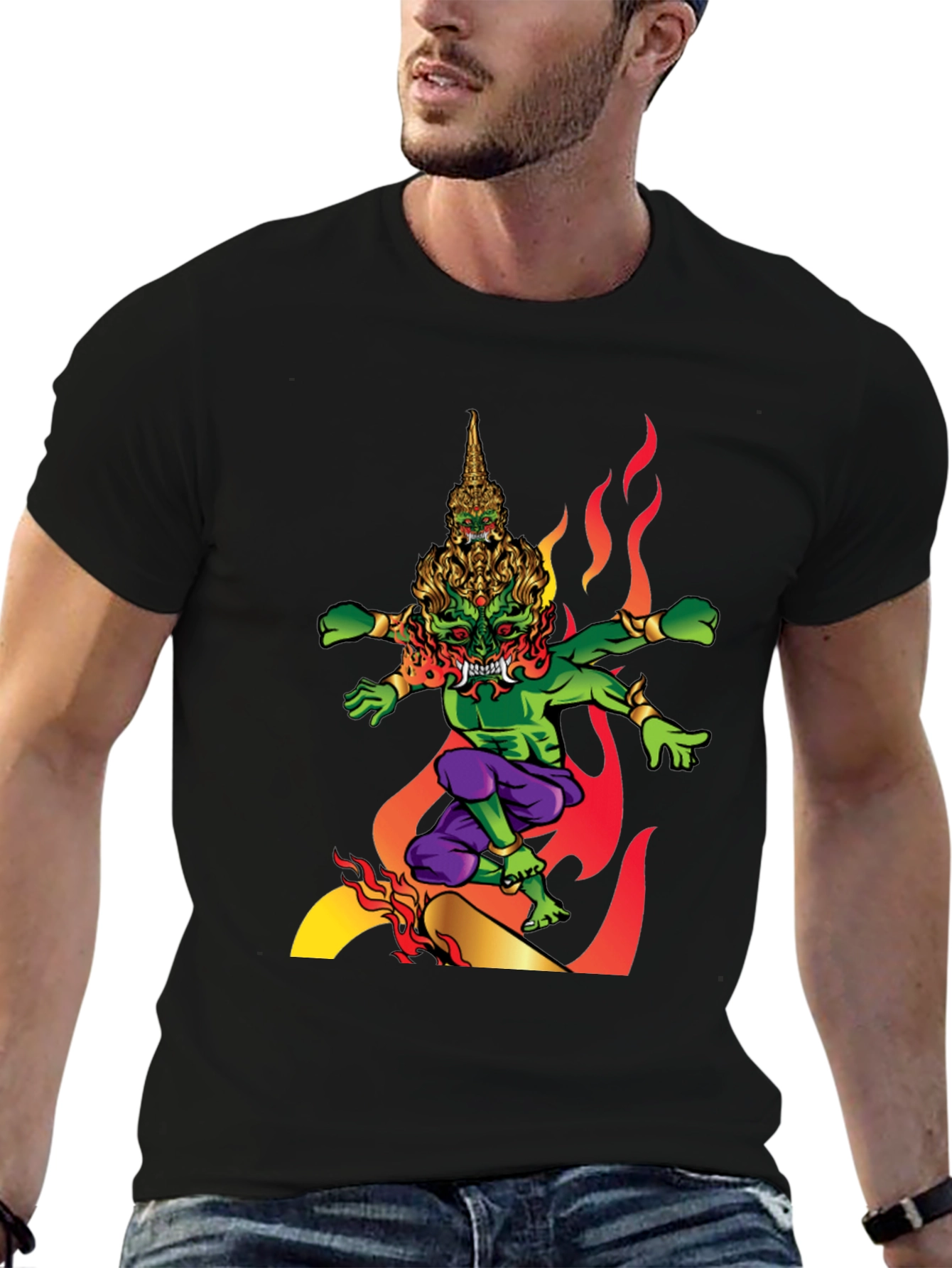 Mens Graphic Tee: Fiery Thai Demon Design