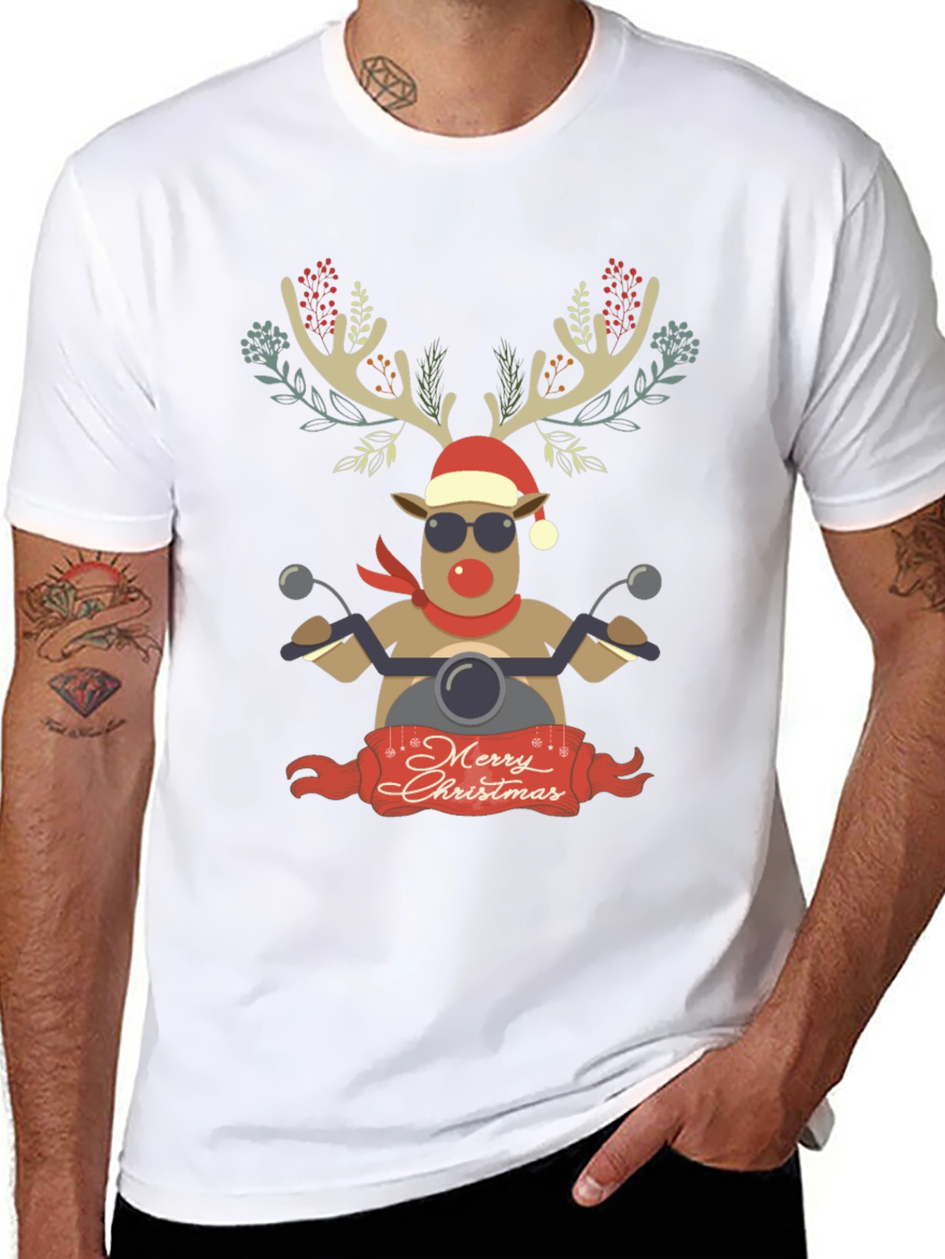 Merry Christmas Reindeer Motorcycle Graphic Tee