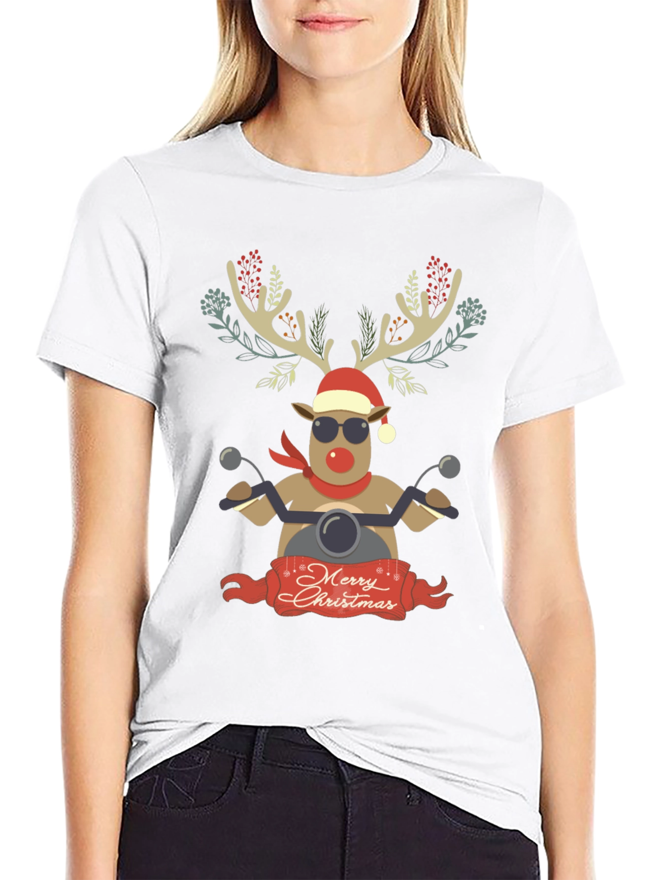 Merry Christmas Reindeer Motorcycle Graphic Tee