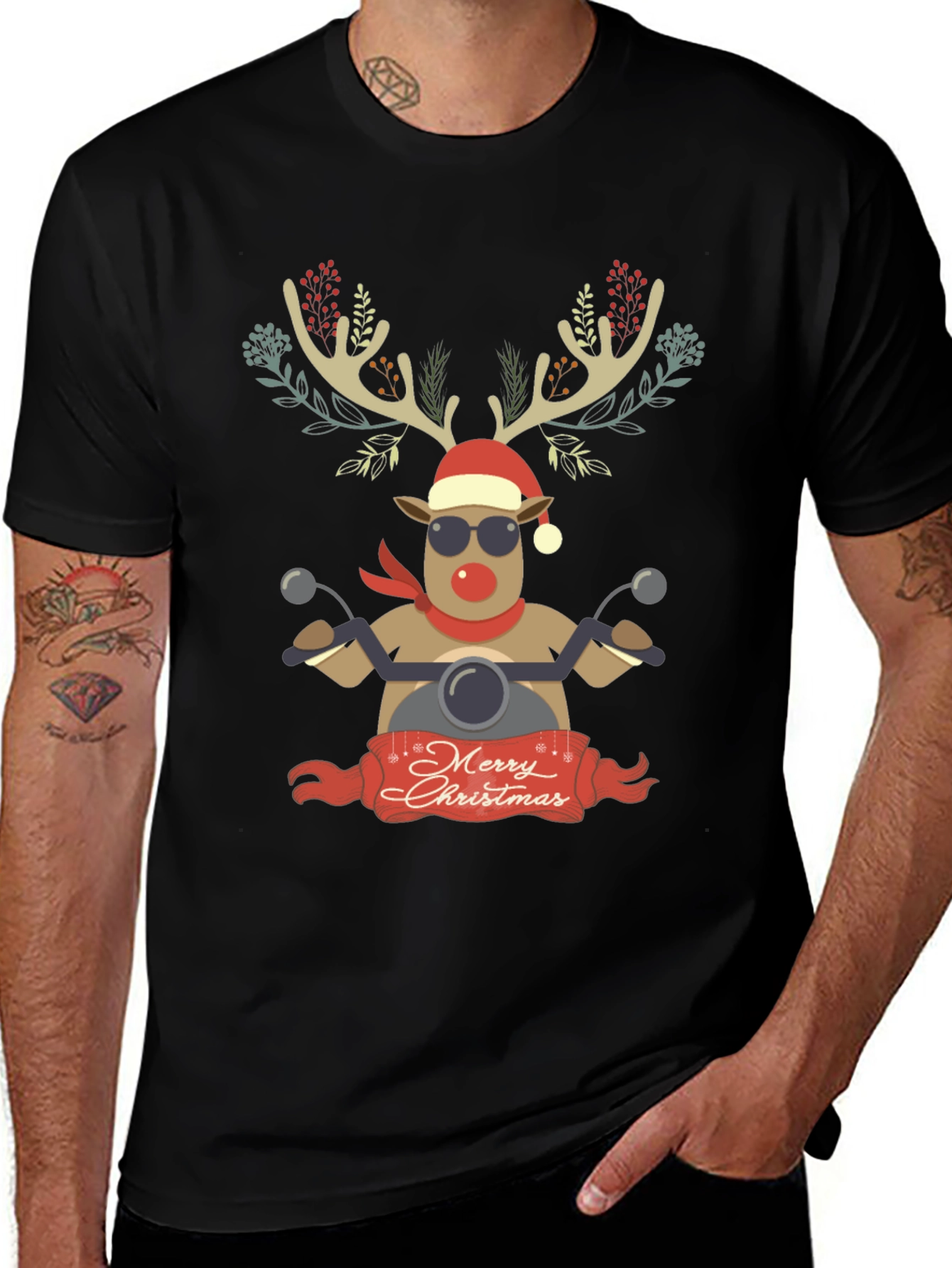 Merry Christmas Reindeer Motorcycle Graphic Tee