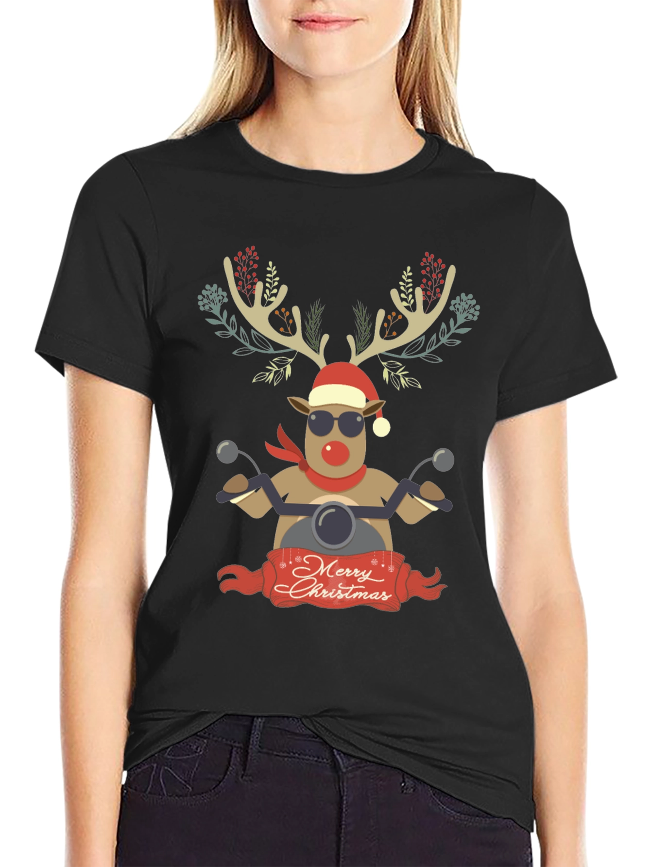 Merry Christmas Reindeer Motorcycle Graphic Tee