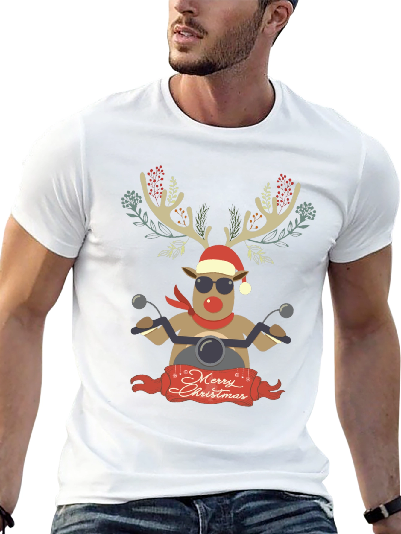 Merry Christmas Reindeer Motorcycle Graphic Tee
