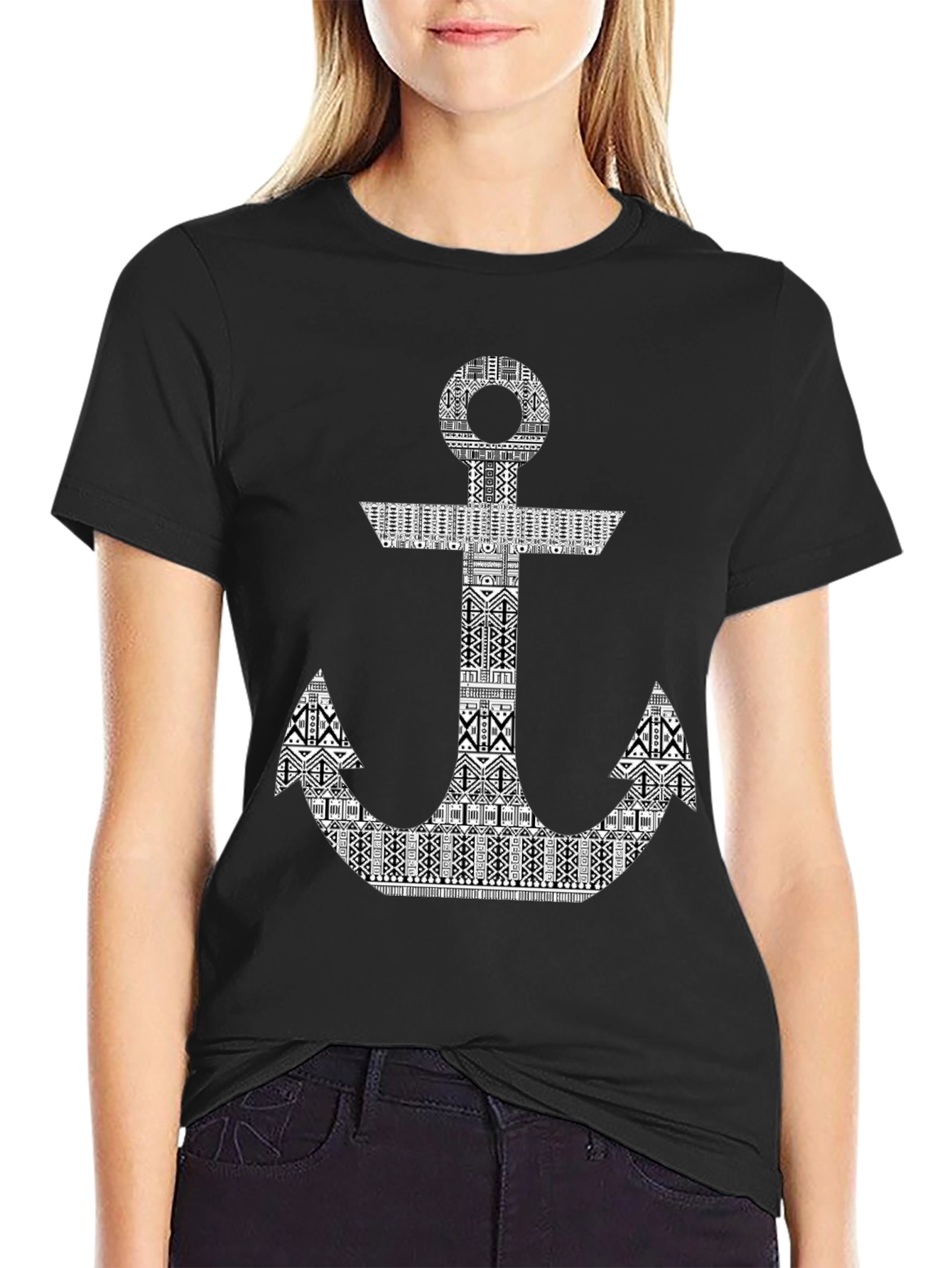 Tribal Anchor Graphic Print Black T-Shirt