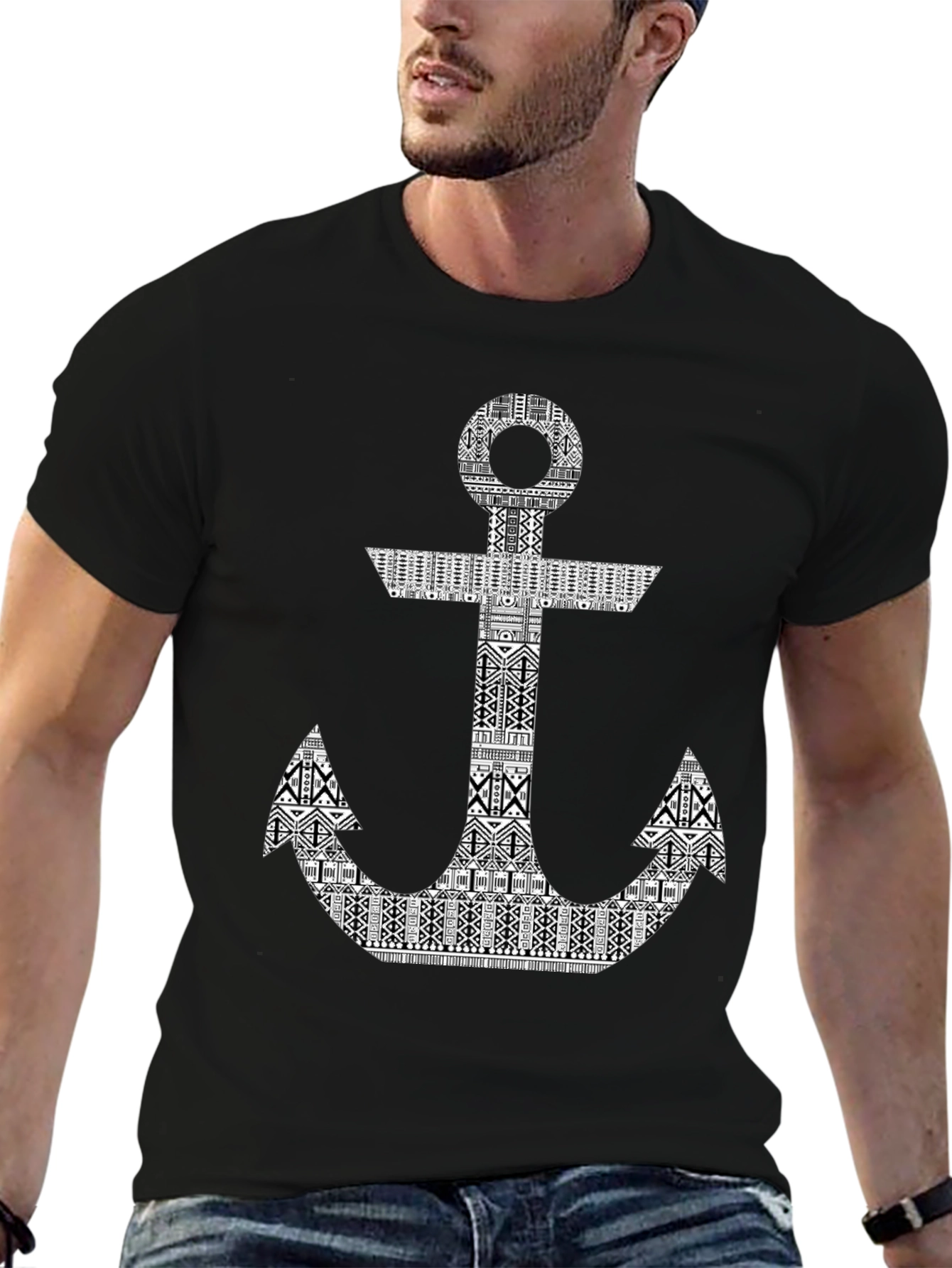 Tribal Anchor Graphic Print Black T-Shirt