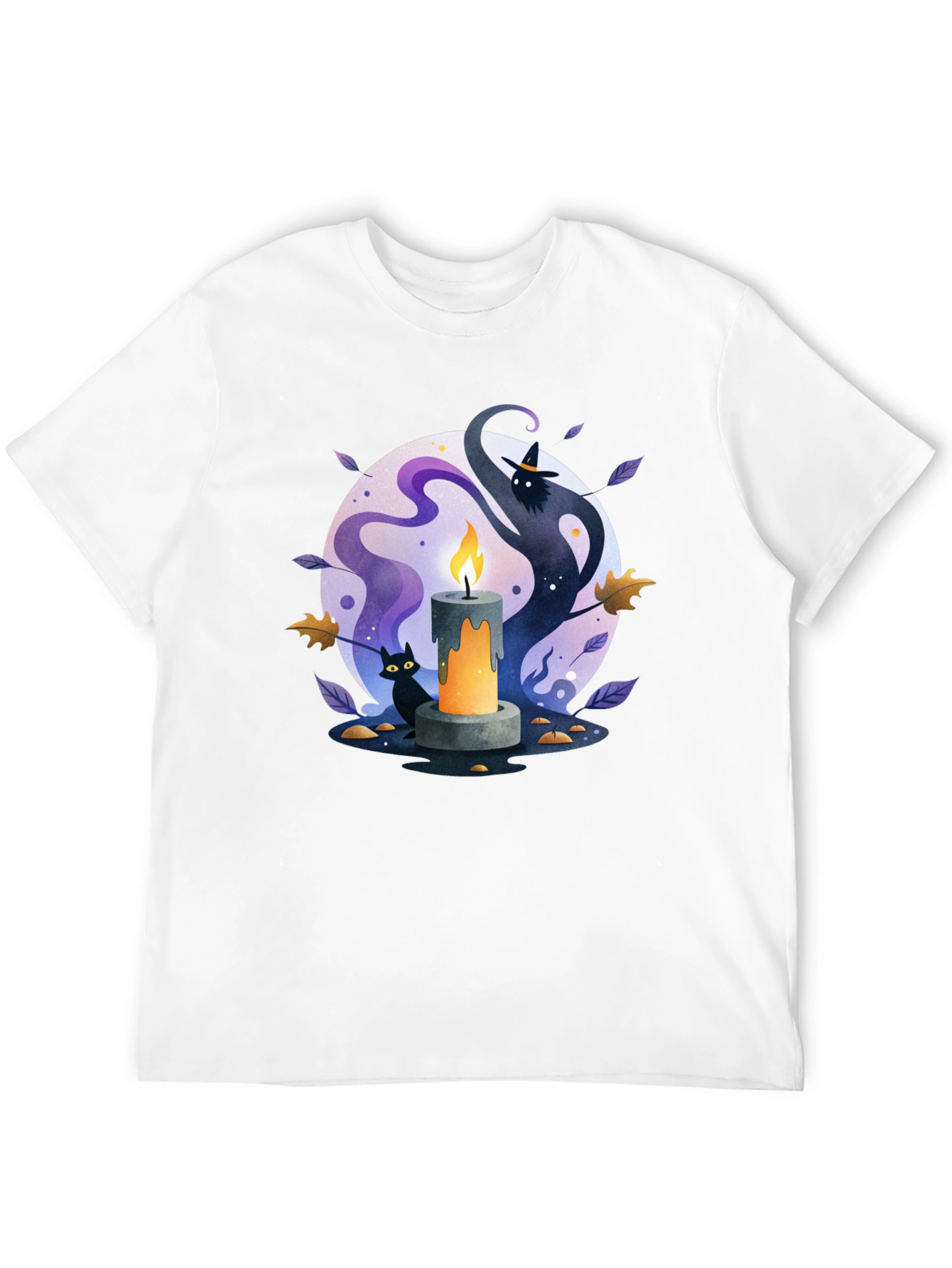 Spooky Halloween Candle T-Shirt - Cat & Witch Design