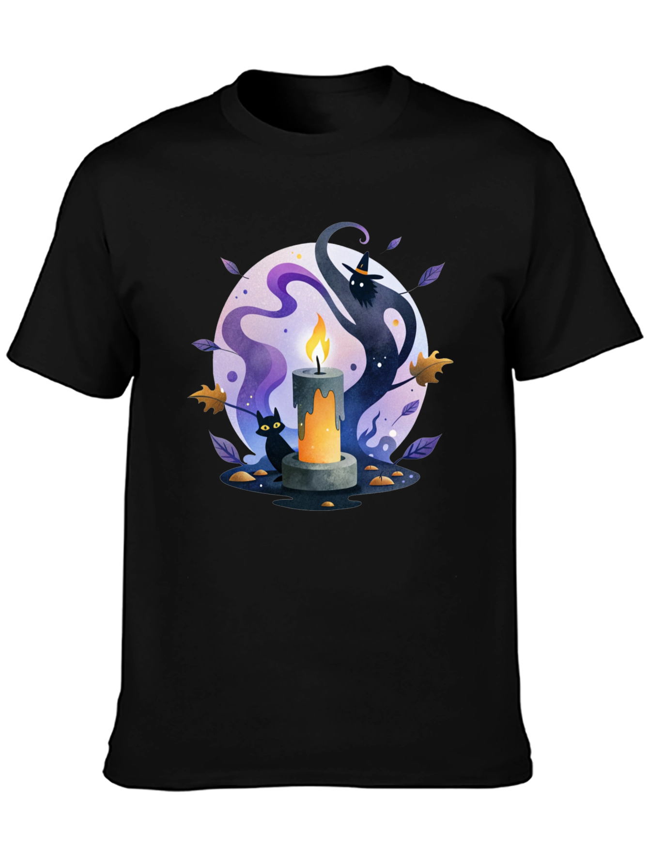 Spooky Halloween Candle T-Shirt - Cat & Witch Design