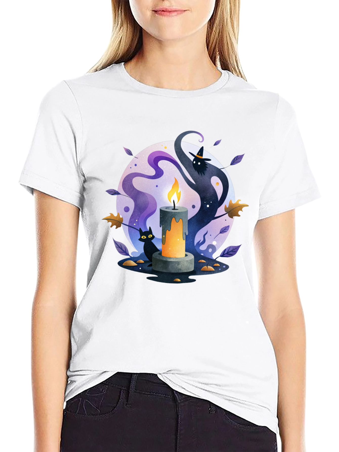 Spooky Halloween Candle T-Shirt - Cat & Witch Design