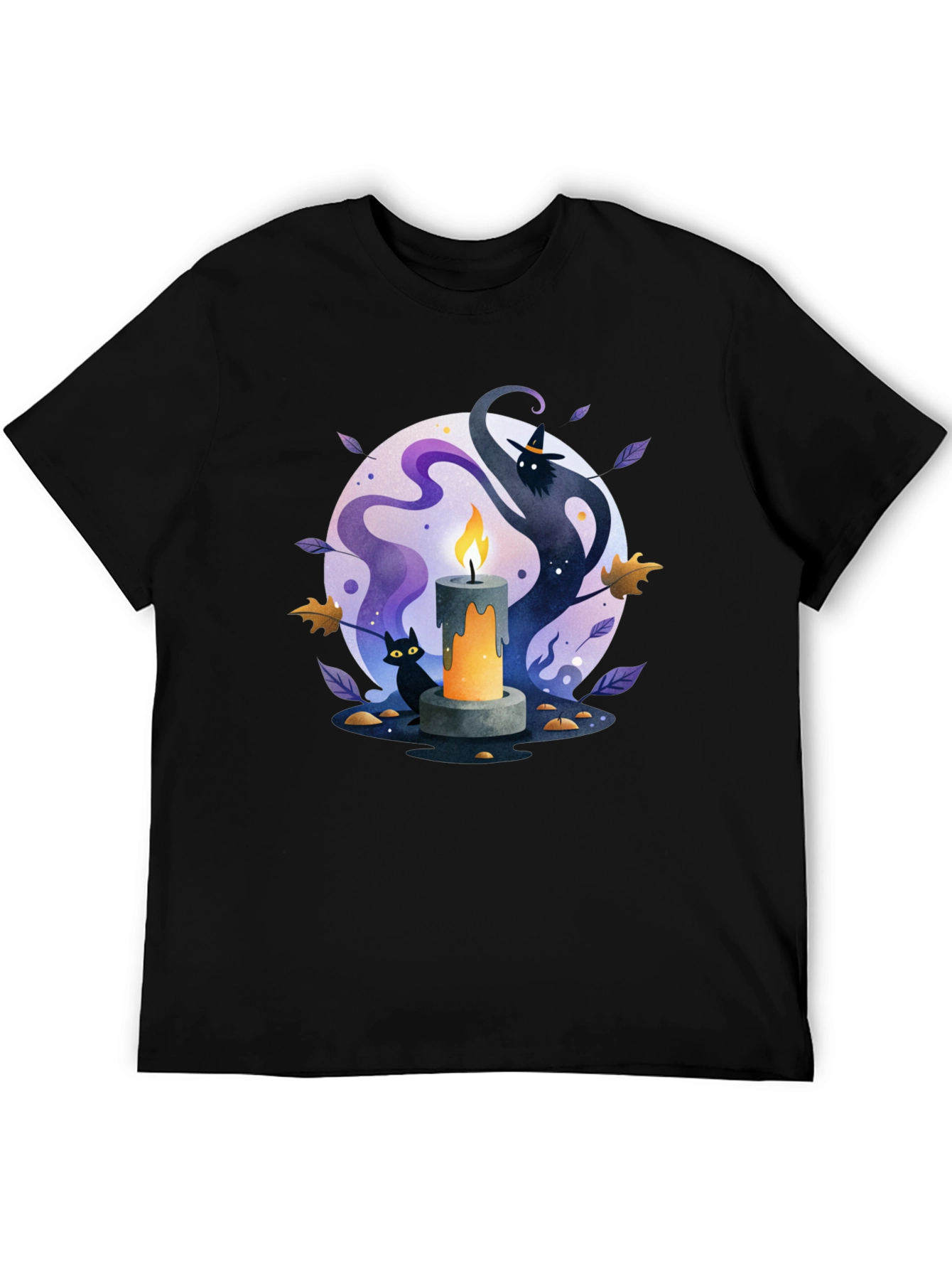 Spooky Halloween Candle T-Shirt - Cat & Witch Design