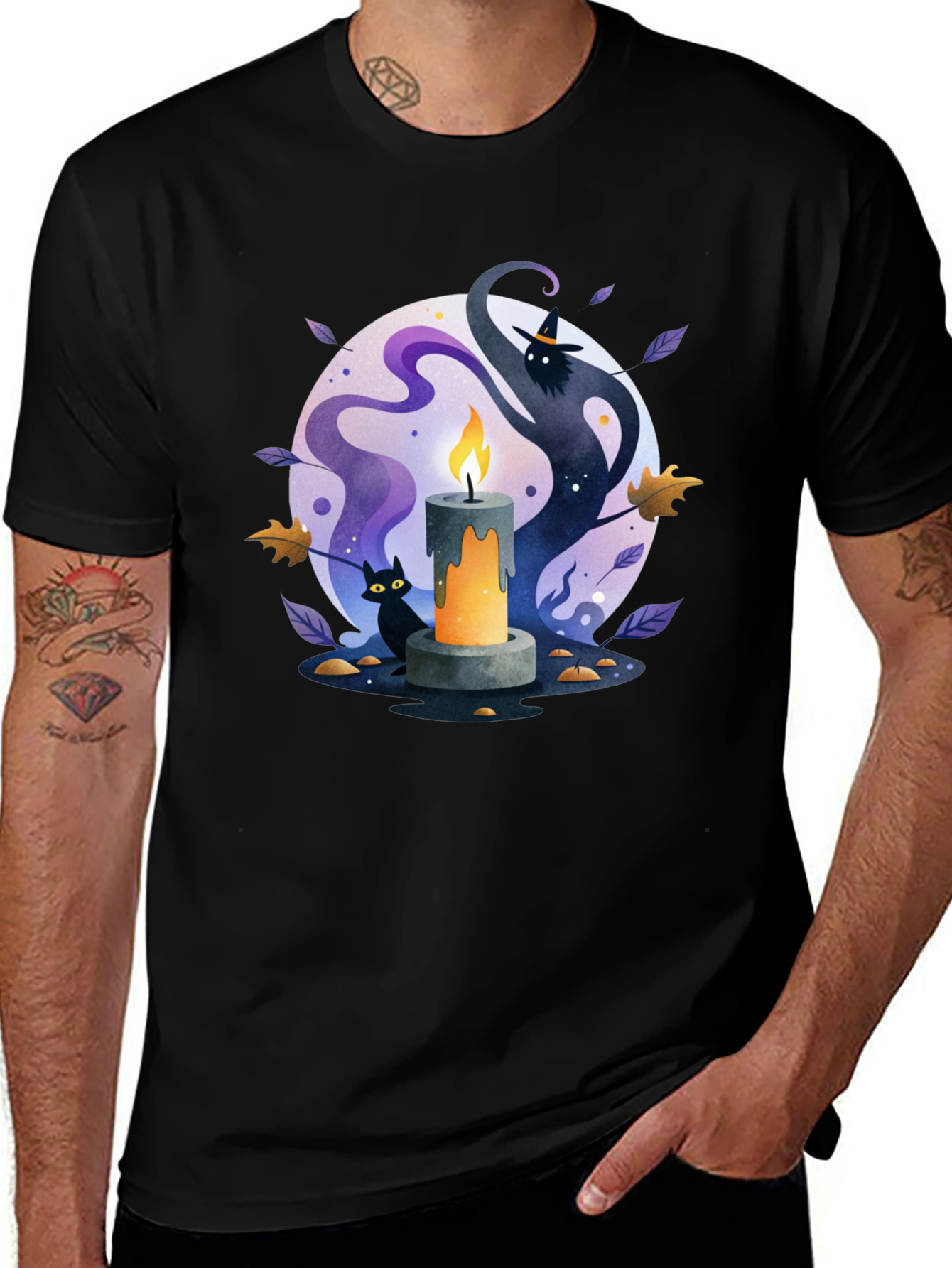 Spooky Halloween Candle T-Shirt - Cat & Witch Design