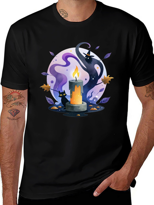 Spooky Halloween Candle T-Shirt - Cat & Witch Design