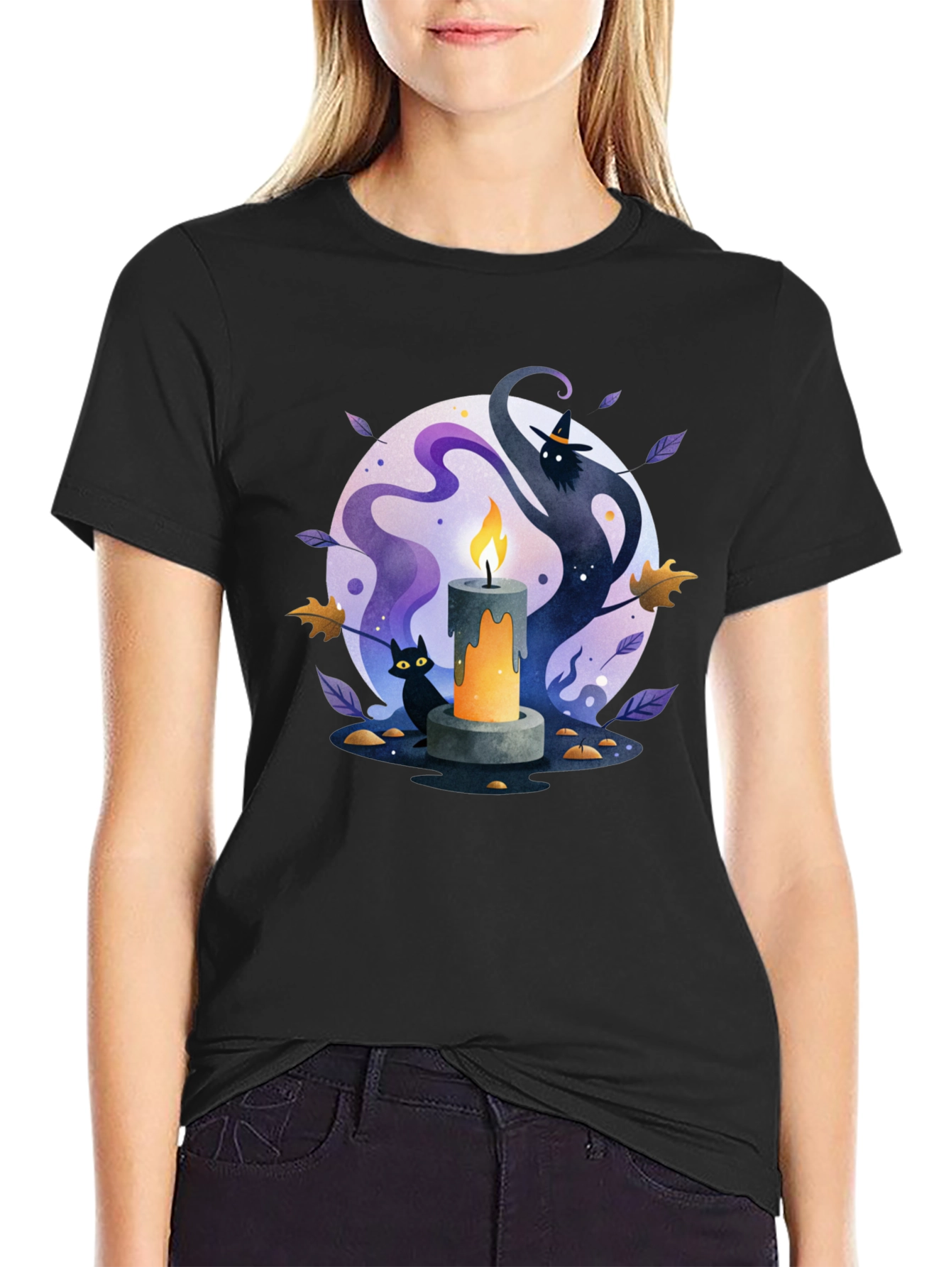 Spooky Halloween Candle T-Shirt - Cat & Witch Design