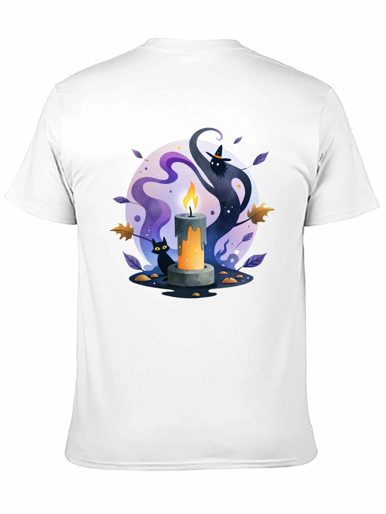 Spooky Halloween Candle T-Shirt - Cat & Witch Design