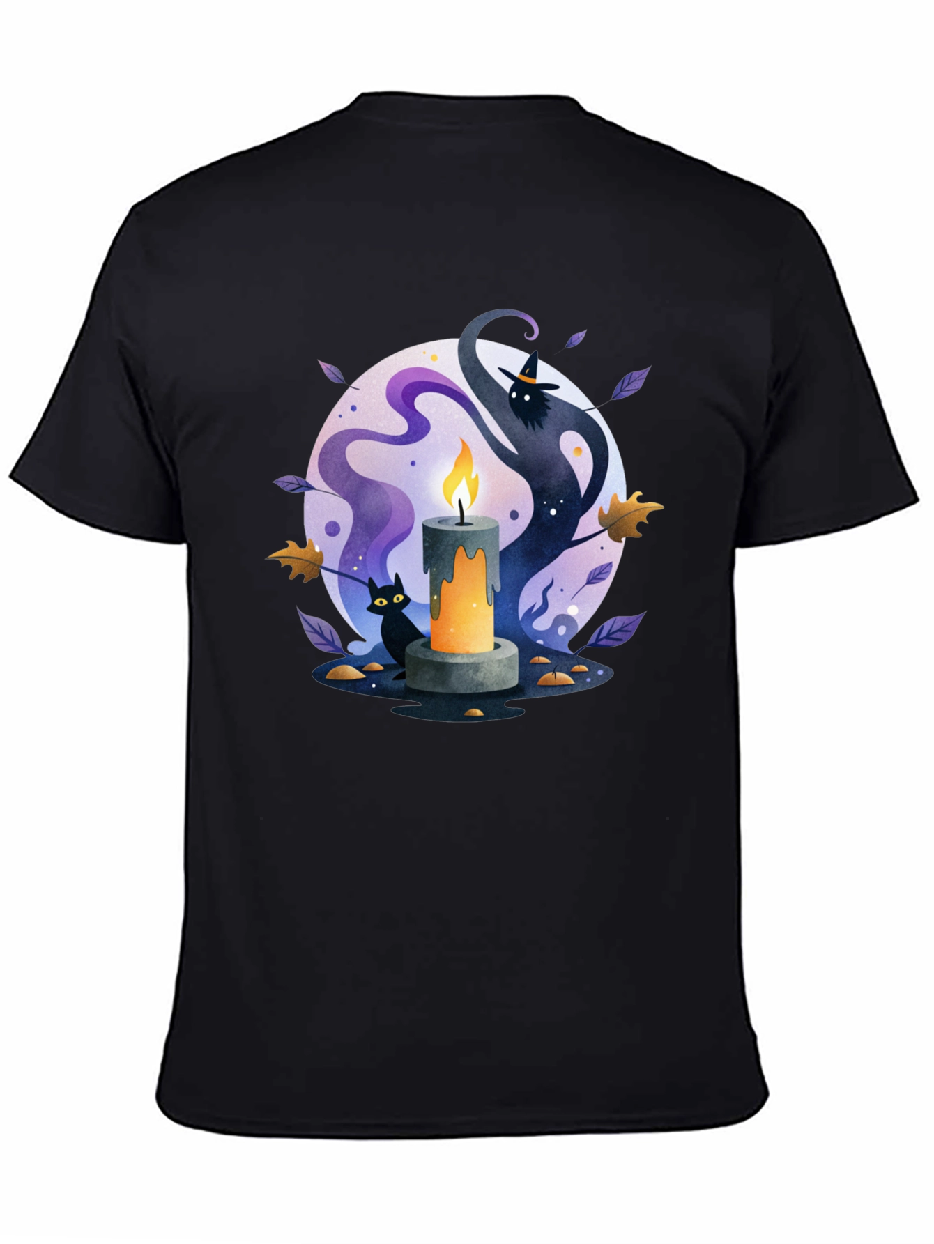 Spooky Halloween Candle T-Shirt - Cat & Witch Design