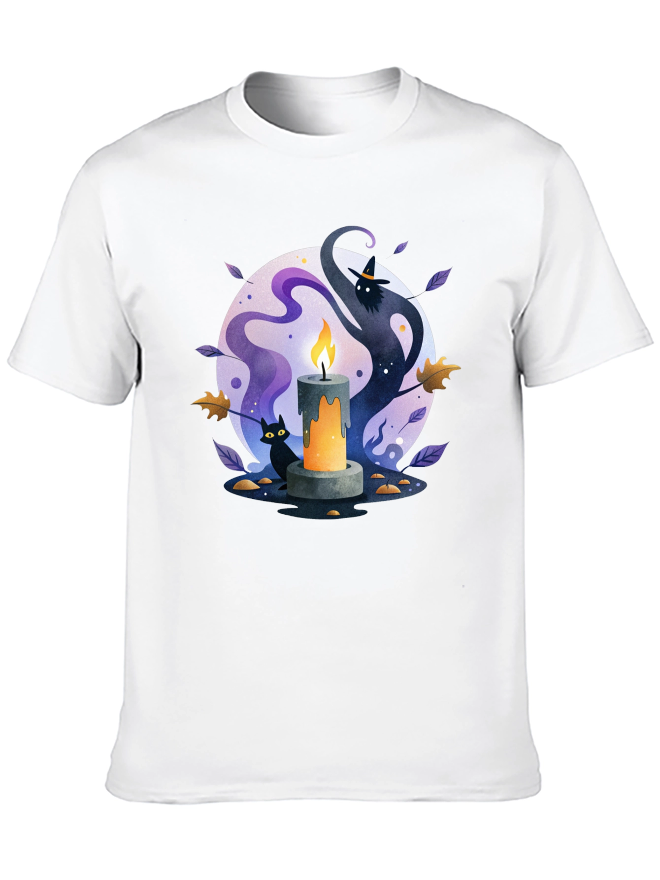 Spooky Halloween Candle T-Shirt - Cat & Witch Design