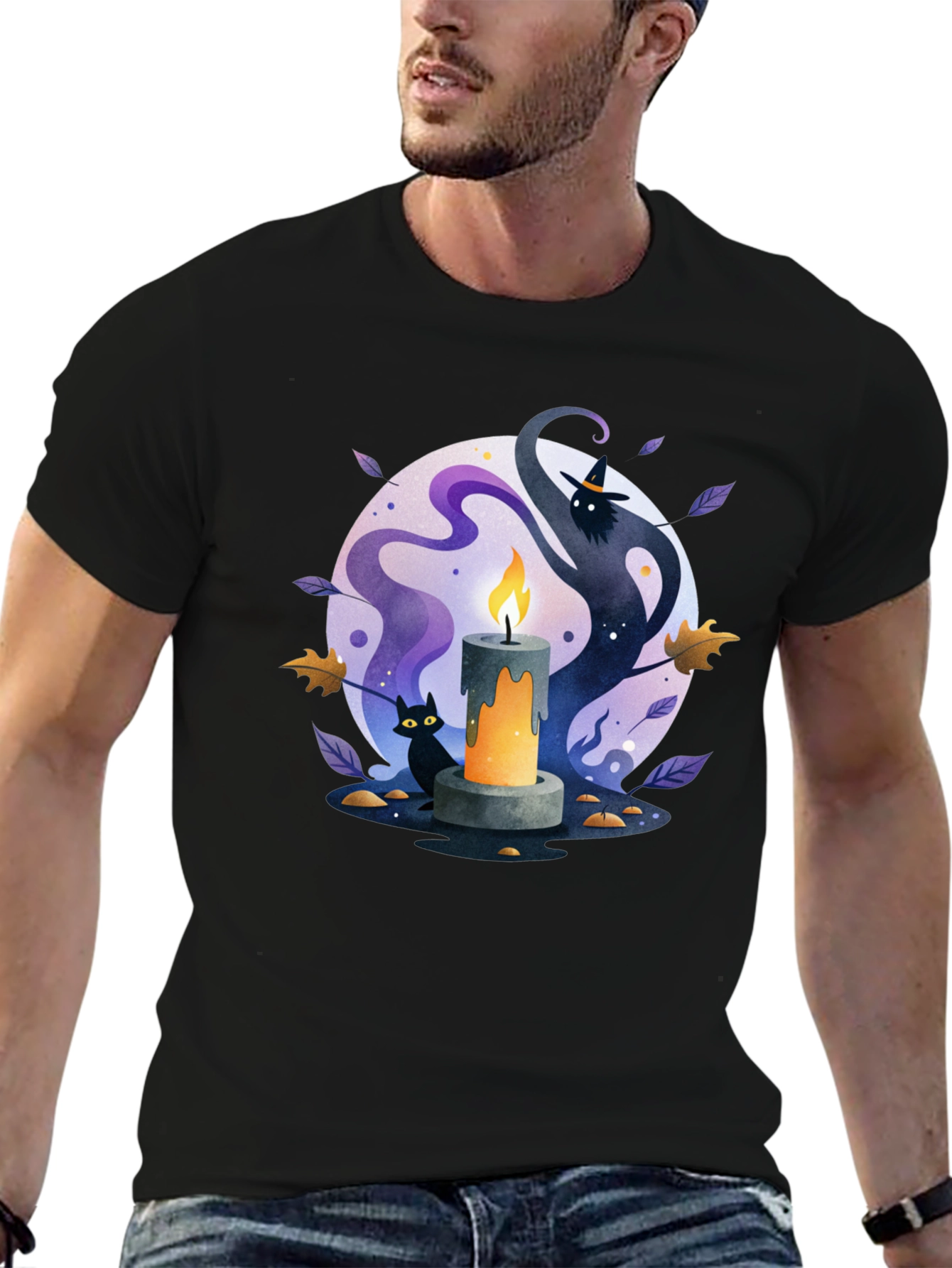 Spooky Halloween Candle T-Shirt - Cat & Witch Design