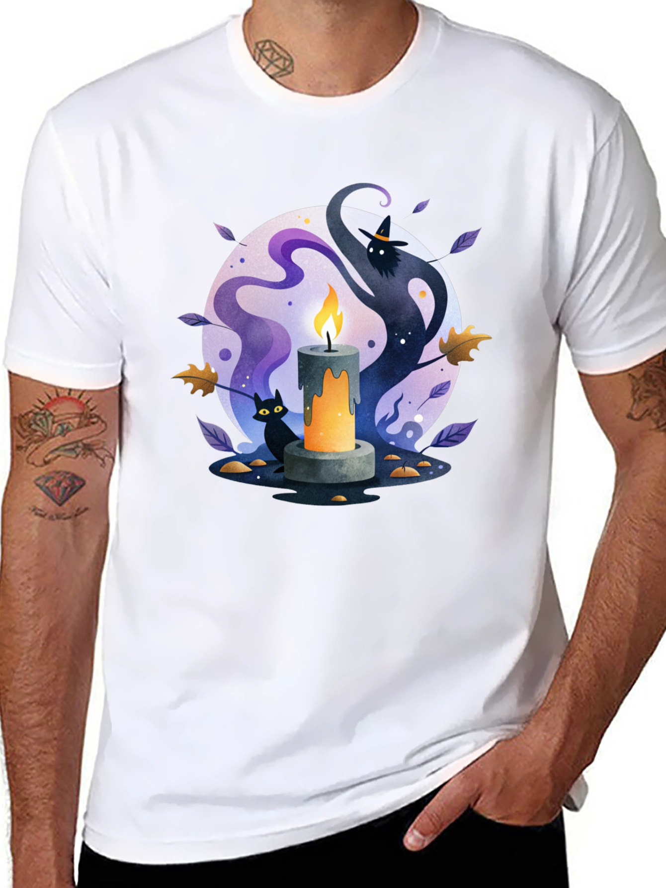 Spooky Halloween Candle T-Shirt - Cat & Witch Design