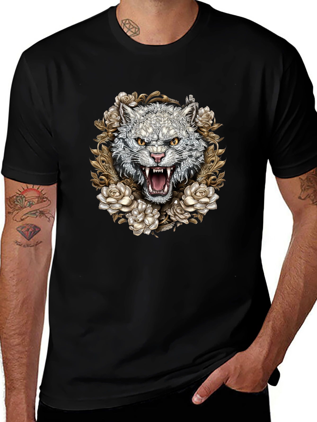 Floral Wolf Graphic Tee - Black