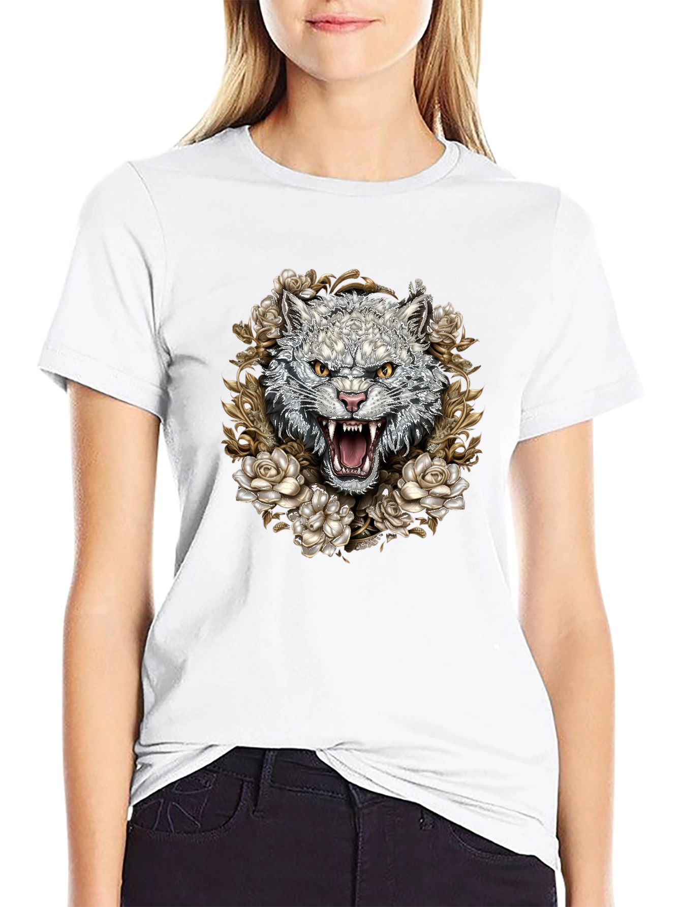 Floral Wolf Graphic Tee - Black