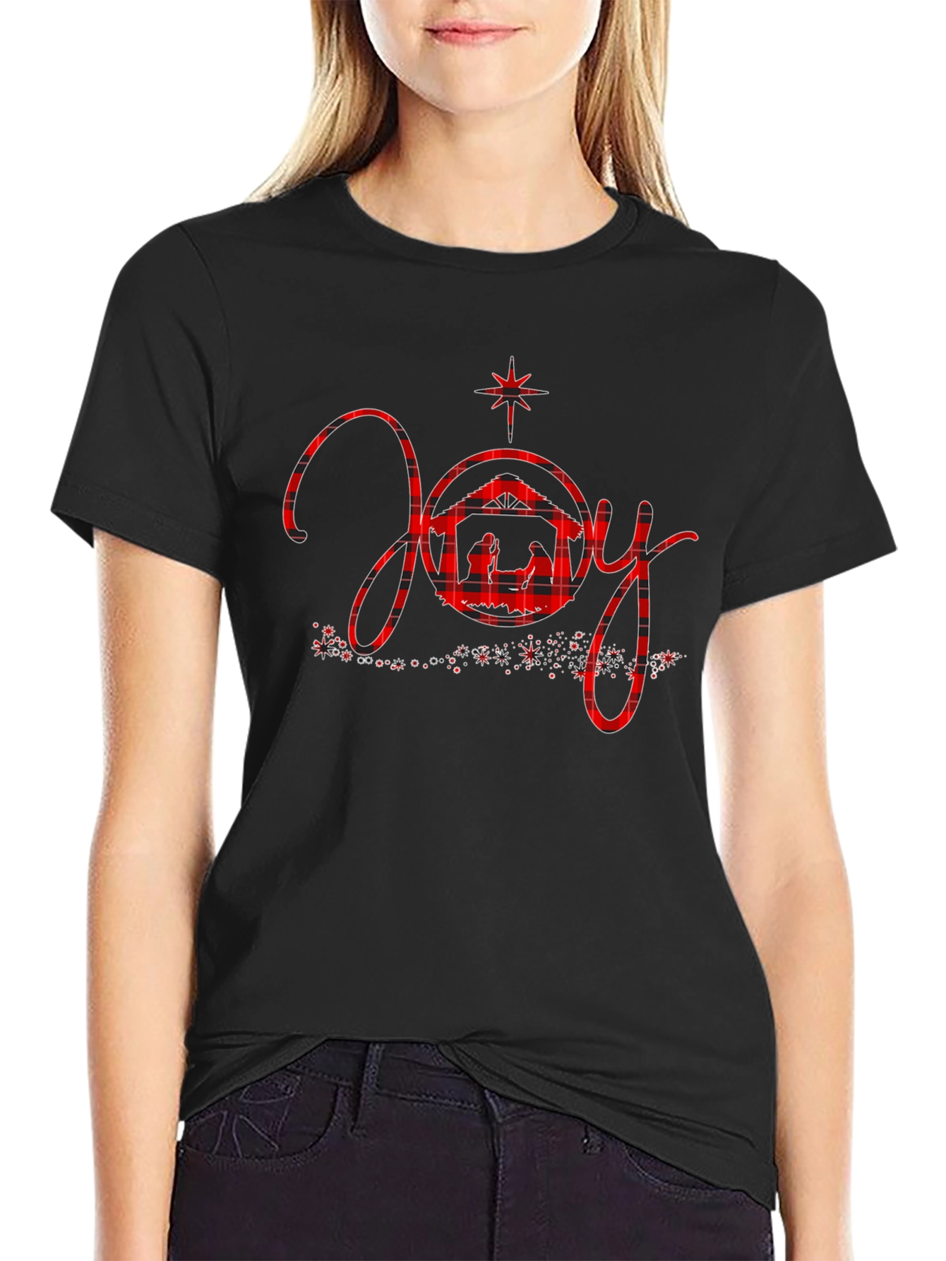 Joy Nativity Plaid Christmas Graphic Tee