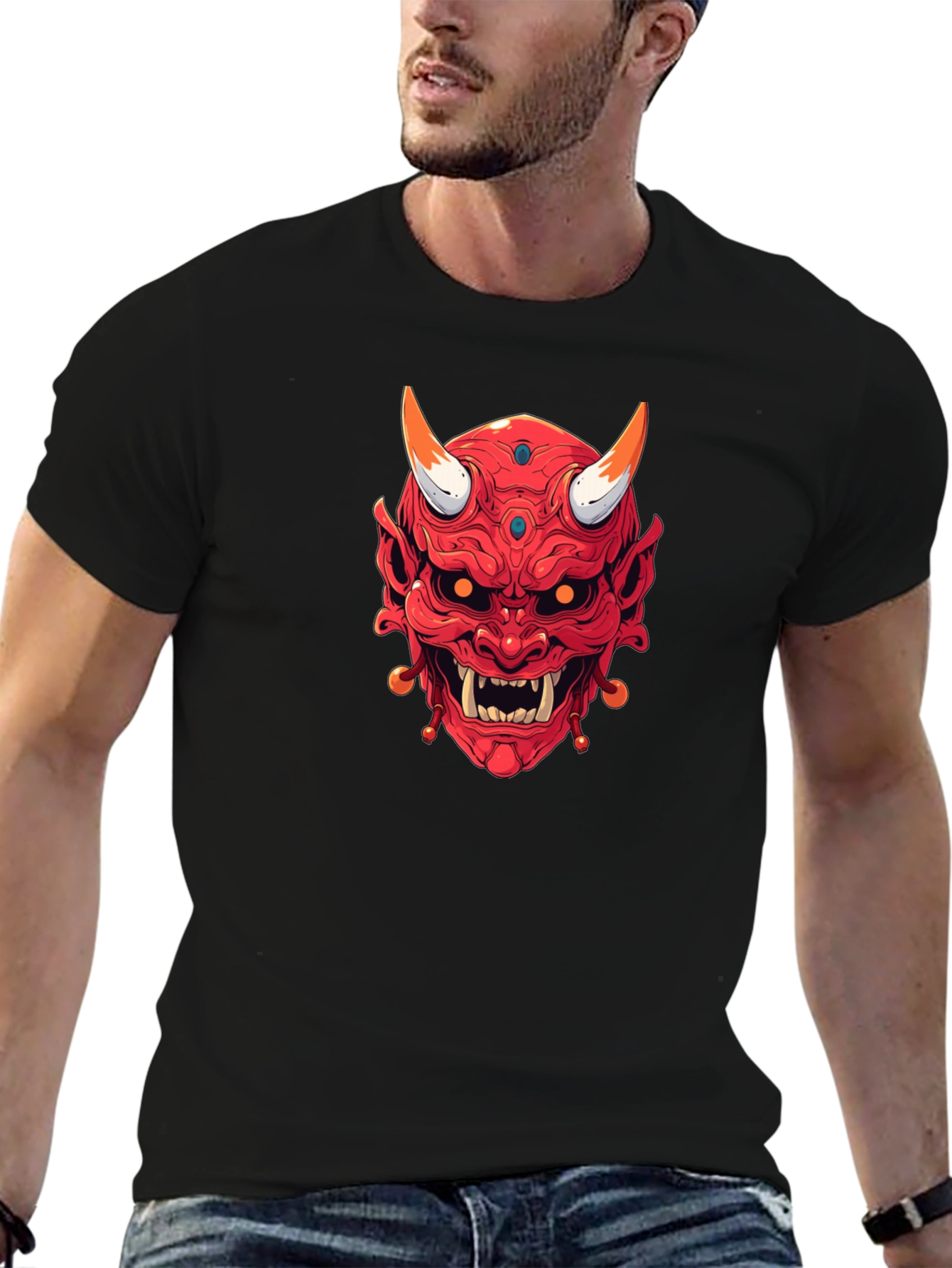 Japanese Oni Mask Graphic Tee - Black