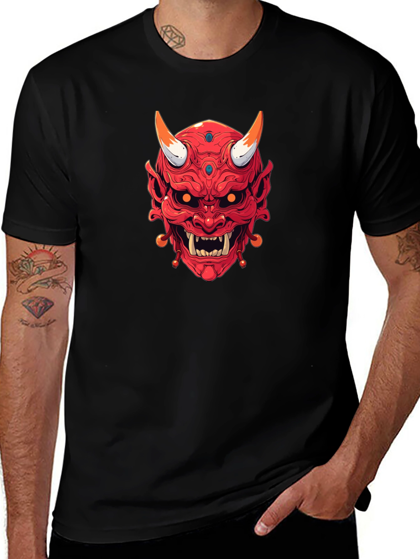 Japanese Oni Mask Graphic Tee - Black