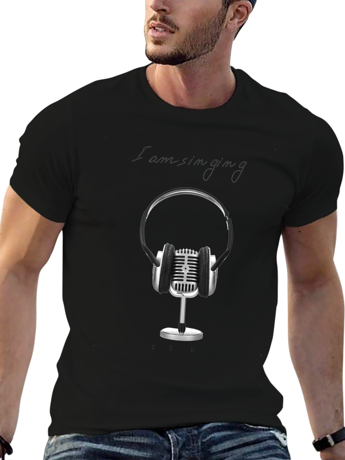Retro Microphone & Headphones Graphic Tee - Black