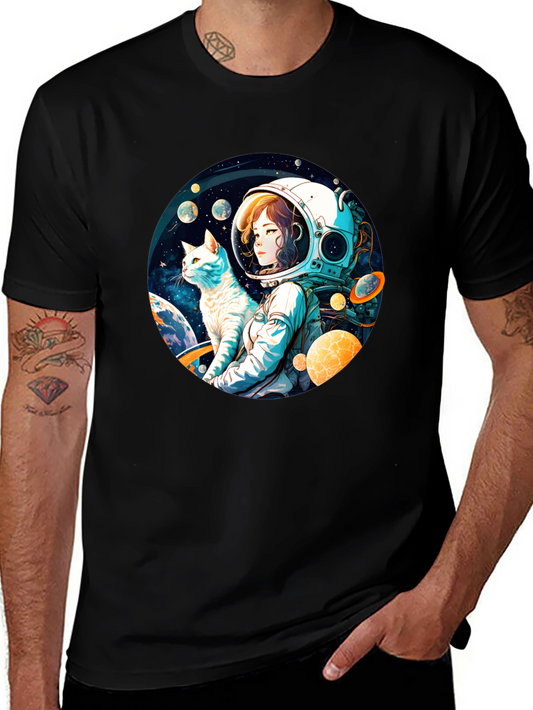 Astronaut Girl & Cat T-Shirt - Space Adventure Tee