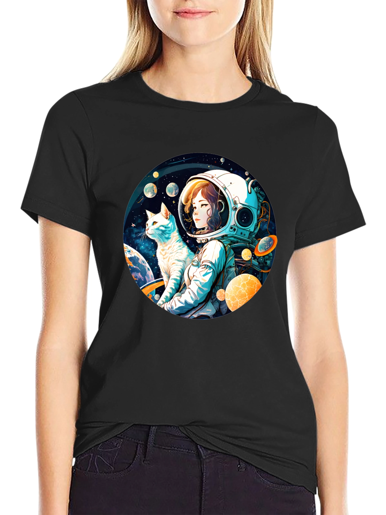 Astronaut Girl & Cat T-Shirt - Space Adventure Tee