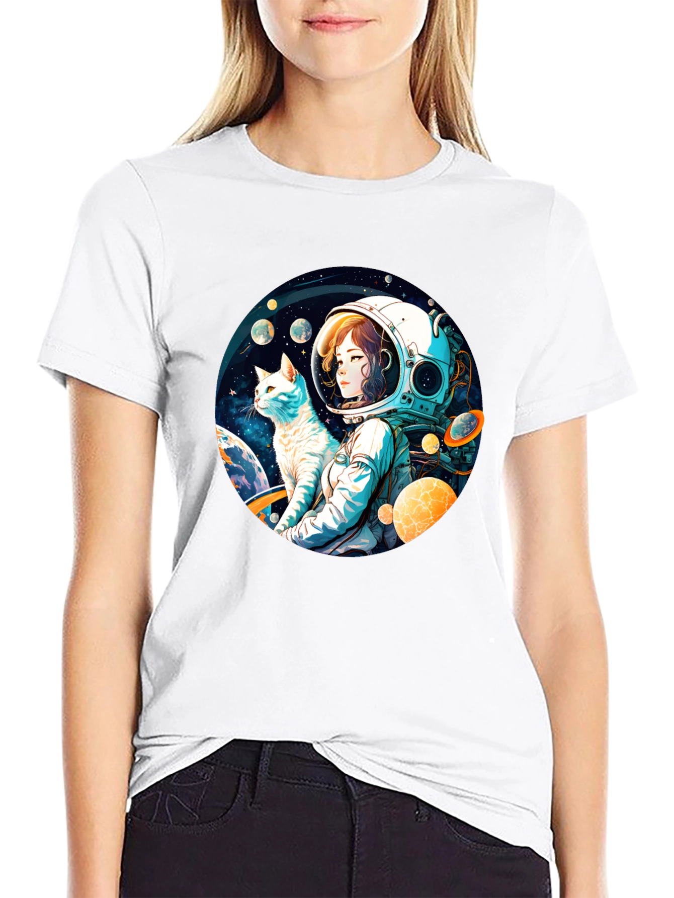 Astronaut Girl & Cat T-Shirt - Space Adventure Tee