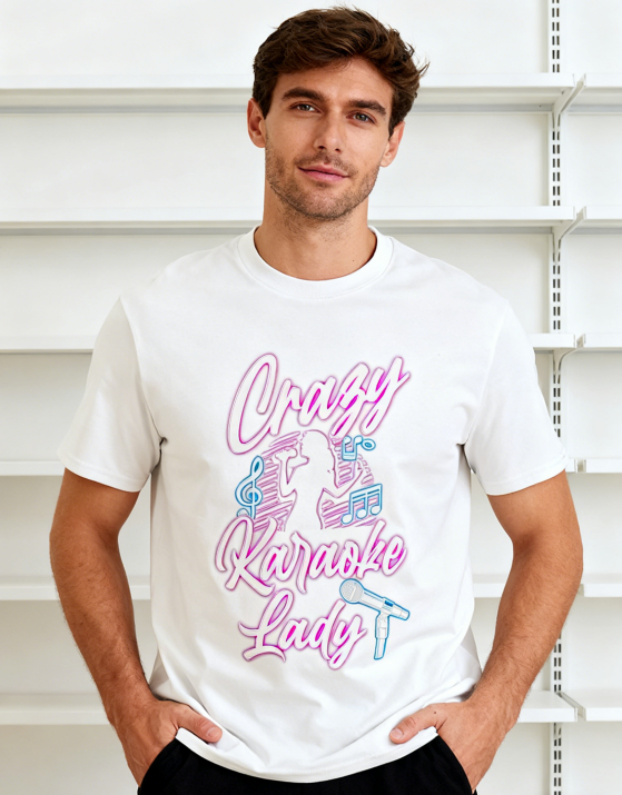 Crazy Karaoke Lady Neon Graphic T-Shirt - Karaoke Lover Casual Comfort Tee