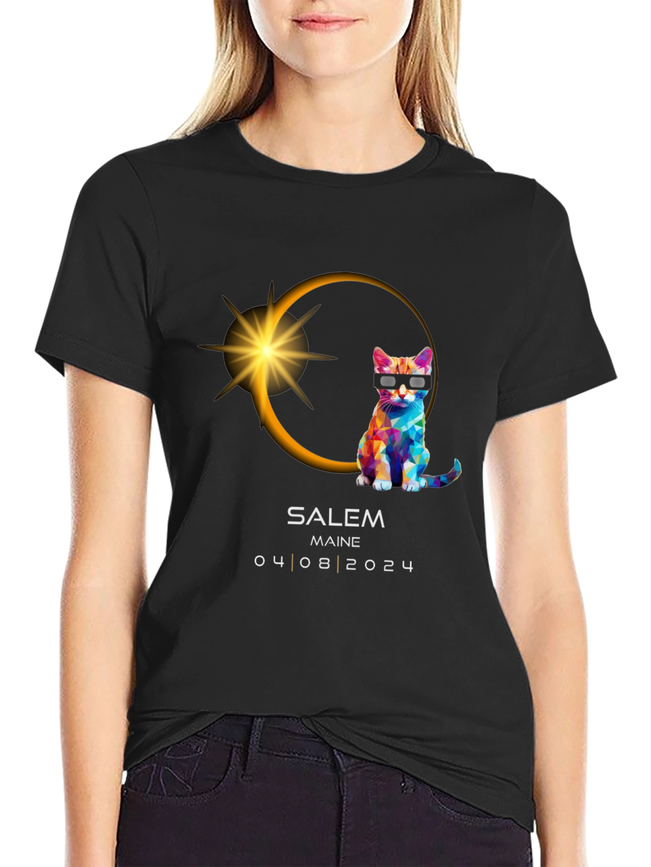 Salem Maine Eclipse 2024 Cat T-Shirt