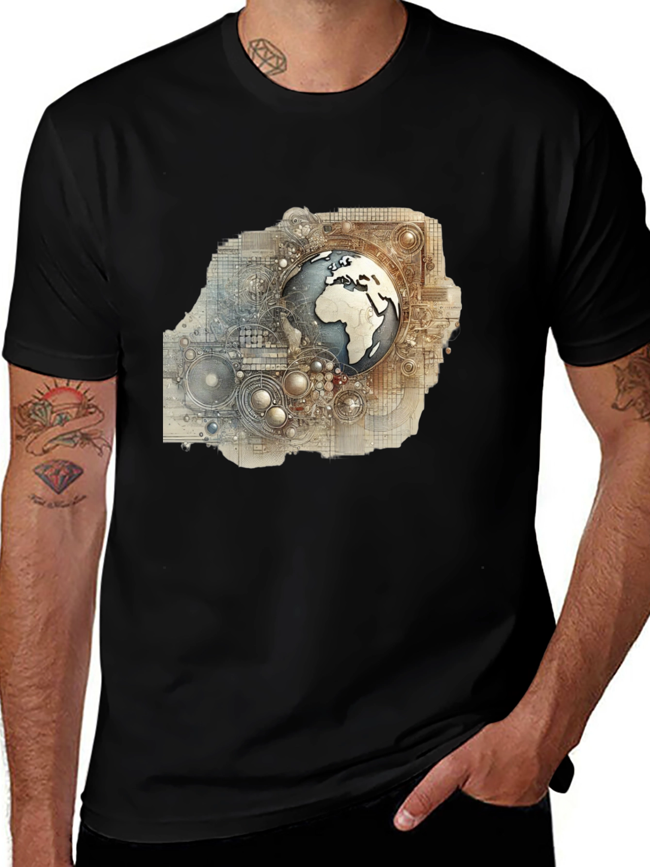 Globe Schematic Graphic Print Black Tee