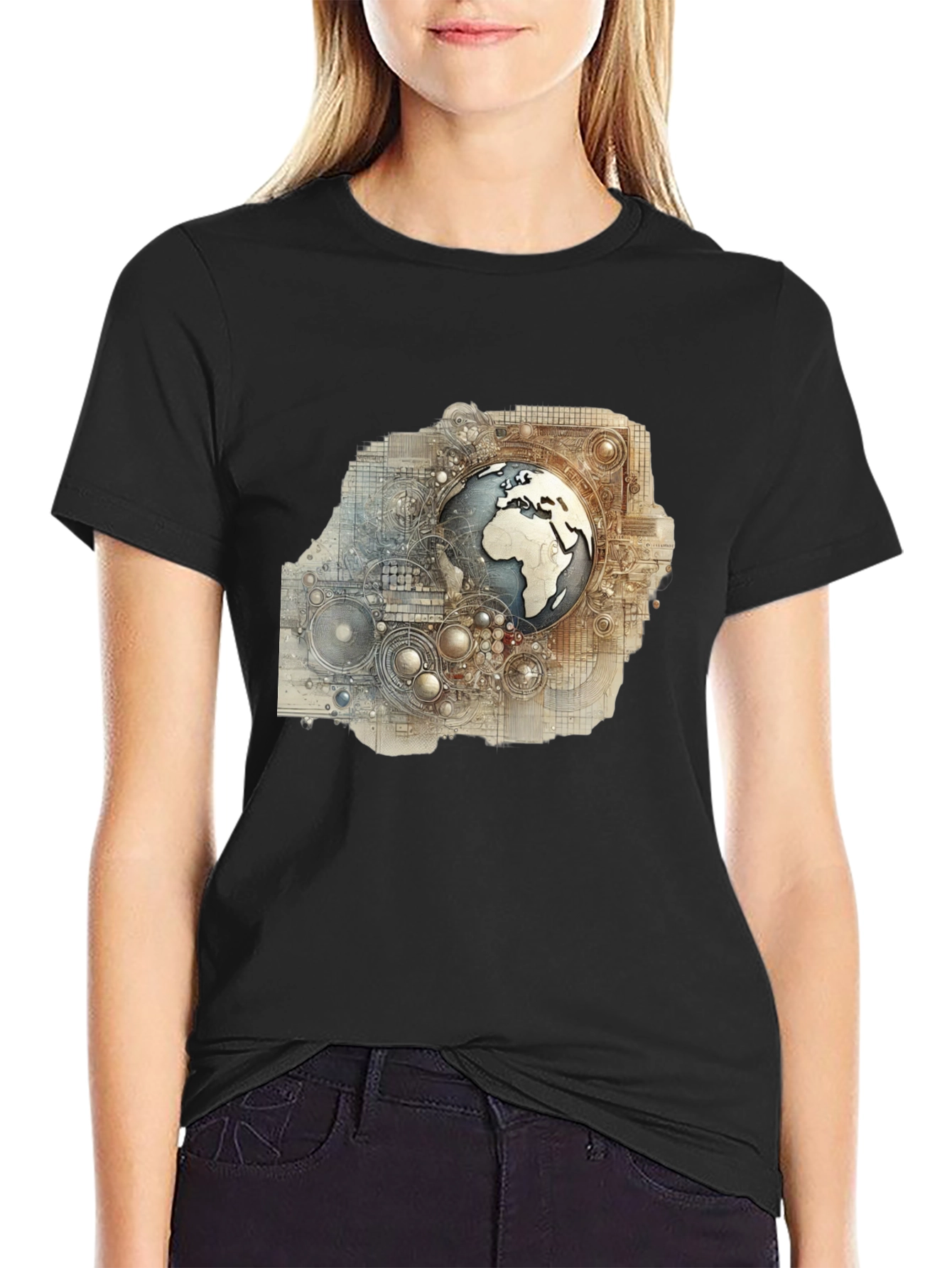 Globe Schematic Graphic Print Black Tee